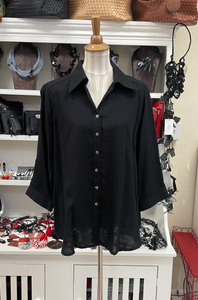 Fridaze AA161 - Short Tuxedo Linen Shirt - BLACK