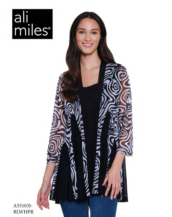 Ali Miles Printed Mesh Open Front Kimono - A55103JM - BLWHPR