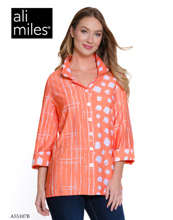 Ali Miles Printed Woven Button Front Tunic - A55107BM - CORAL