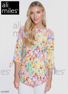 Ali Miles Printed Texture Knit Pop-Over Blouse - A15329TM - MULTI