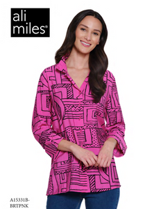 Ali Miles Woven Printed Button Front Blouse - A15331BM - BRTPNK