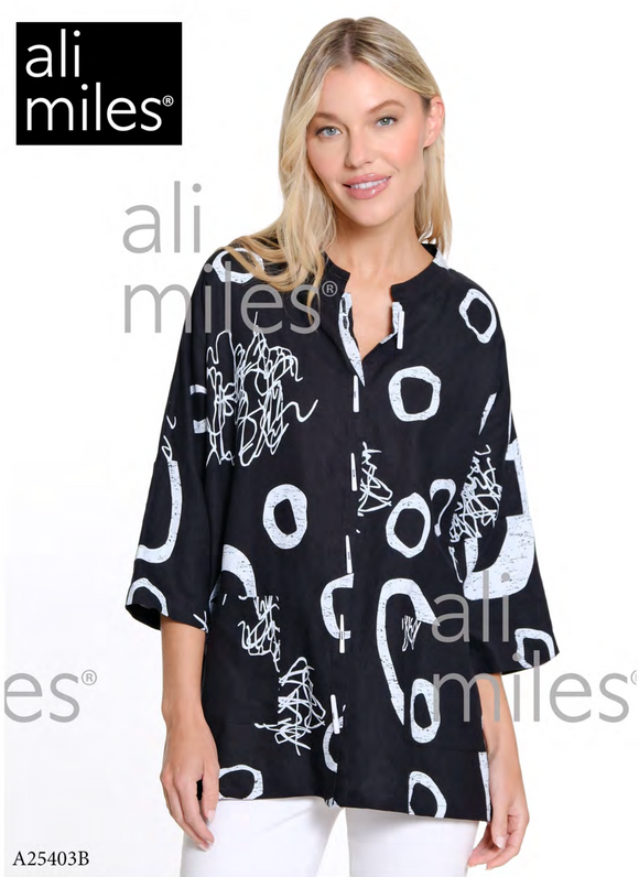 Ali Miles Woven Button Front Tunic - A25403BM - BLKWHT