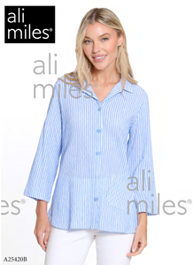 Ali Miles Woven Yarn Dye Button Front Tunic - A25420BM - WHTBLU