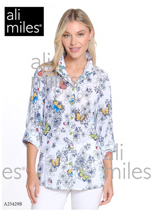 Ali Miles Printed Woven Burnout Button Front Tunic - A25429BM - MULTI