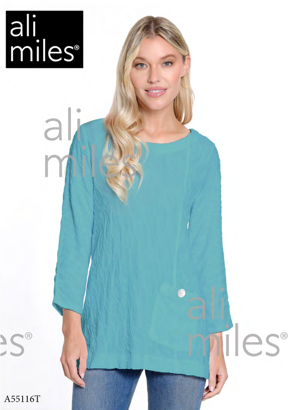 Ali Miles Knit Textured Pop-Over BLOUSE - A55116TM - AQUA