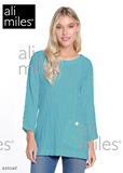 Ali Miles Knit Textured Pop-Over BLOUSE - A55116TM - AQUA