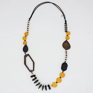 SYLCA Mustard Wood Bead Gabby Necklace, Chunky Statement Jewelry