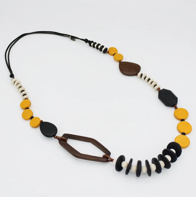 SYLCA Mustard Wood Bead Gabby Necklace, Chunky Statement Jewelry