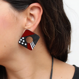 SYLCA Red and Black Playful Post Square Statement Earrings