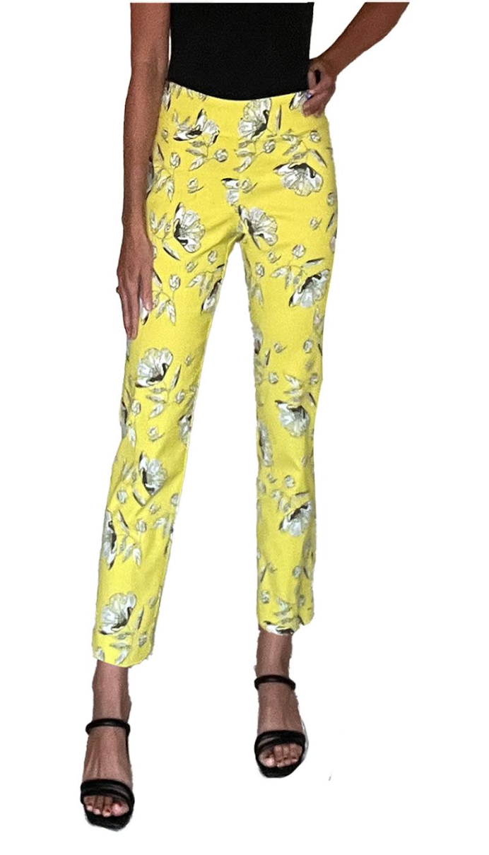 Krazy Larry Pants - P507 Basic Ankle Pants LIME FLOWERS