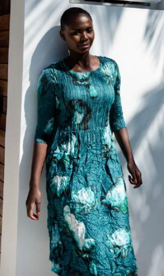 Alquema 3/4 Sleeve Smash Pocket  Dress - GREEN BLOOMS
