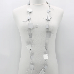 JIANHUI LONDON Silver With Silver Chain Wooden Squares On Leatherette Necklace