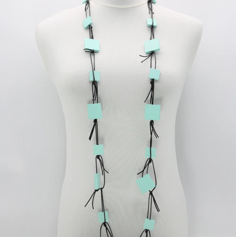 JIANHUI LONDON Turquoise Wooden Squares On Leatherette Chain Necklace
