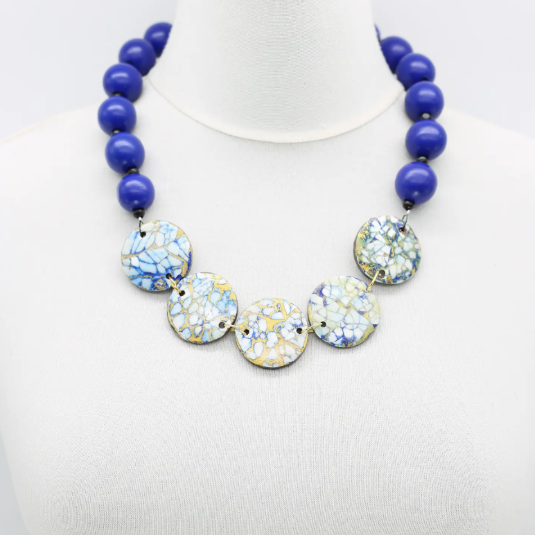 JIANHUI LONDON Blue/Blue Wooden Beads with Upcycled Shells Necklace