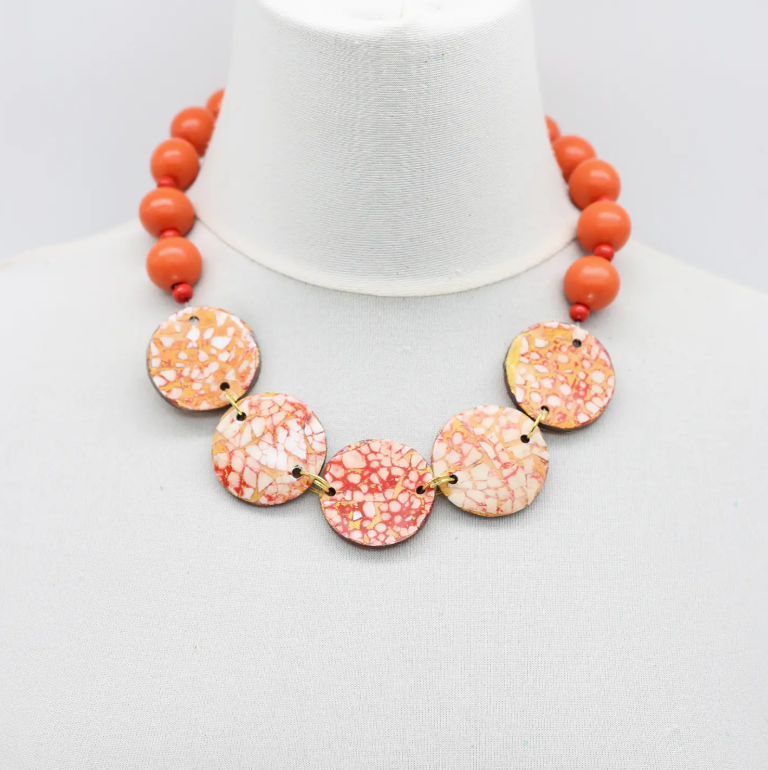 JIANHUI LONDON Orange/Red Wooden Beads with Upcycled Shells Necklace
