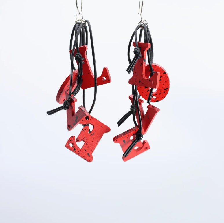 JIANHUI LONDON Red/Black Hand Painted Big Love On Leatherette Earrings