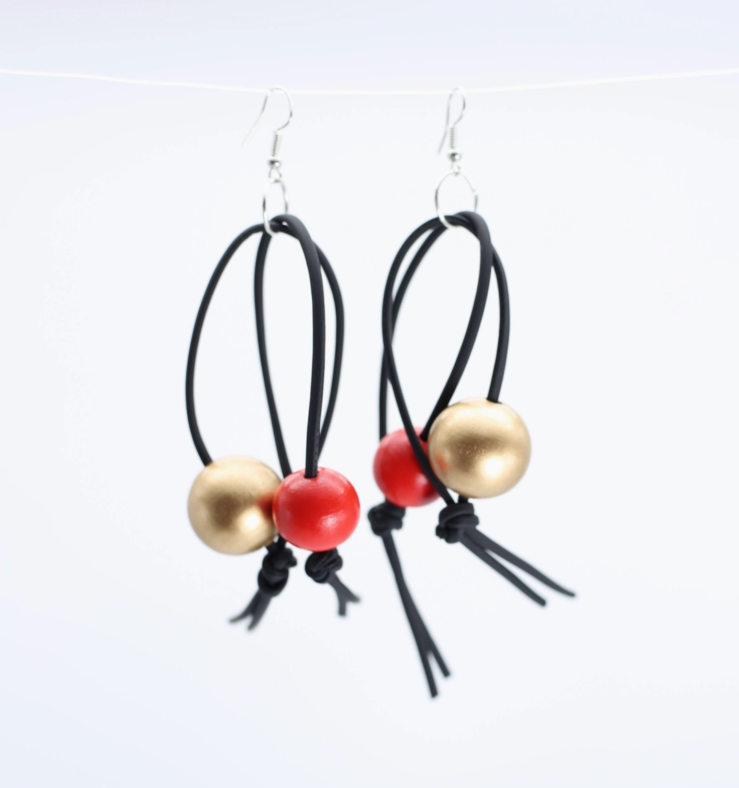 JIANHUI LONDON Gold/Red Round Beads On Double Leatherette Loop Earrings
