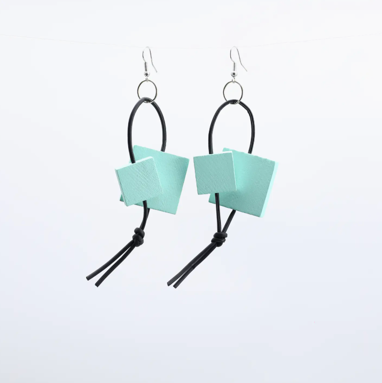 JIANHUI LONDON Turquoise Squares On Leatherette Loop Earrings