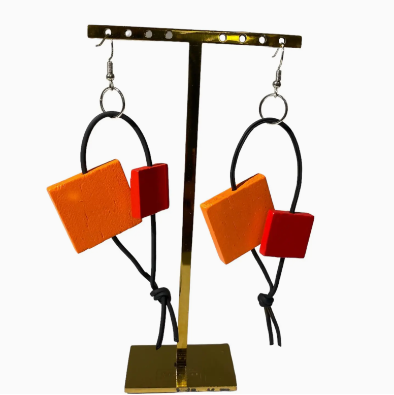 JIANHUI LONDON Red/Orange Squares On Leatherette Loop Duo Earrings
