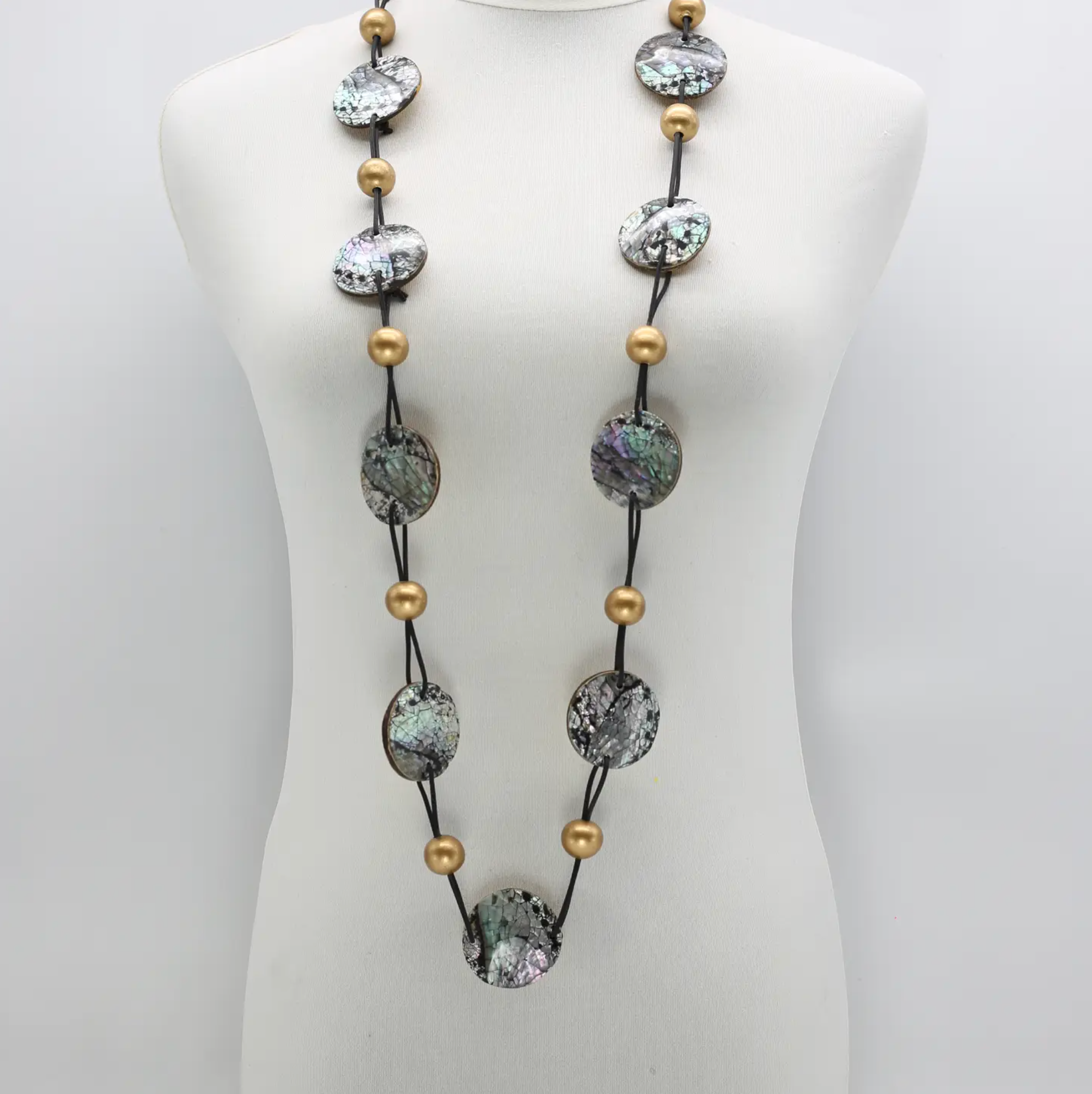 JIANHUI LONDON Gold/Black Wooden Beads With Upcycled Shells and Leatherette Necklace