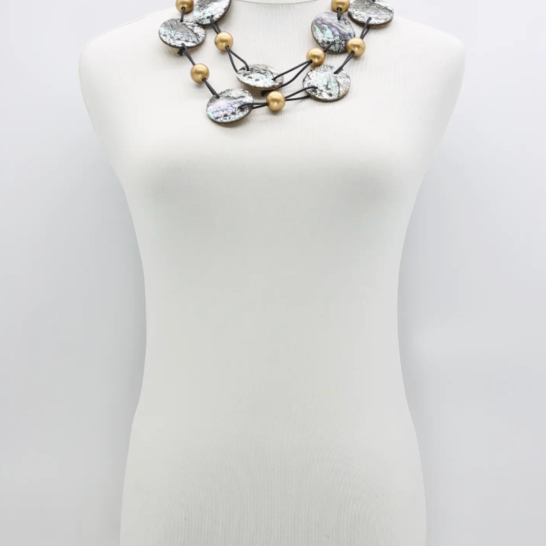 JIANHUI LONDON Gold/Black Wooden Beads With Upcycled Shells and Leatherette Necklace