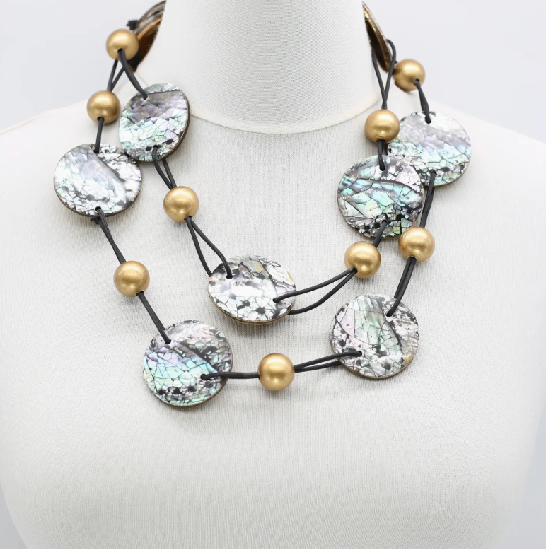 JIANHUI LONDON Gold/Black Wooden Beads With Upcycled Shells and Leatherette Necklace