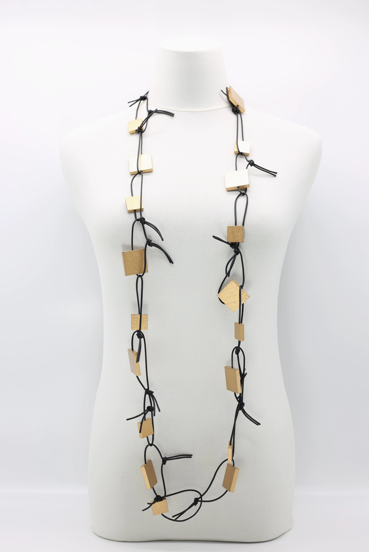 JIANHUI LONDON Gold Wooden Squares On Leatherette Chain Necklace