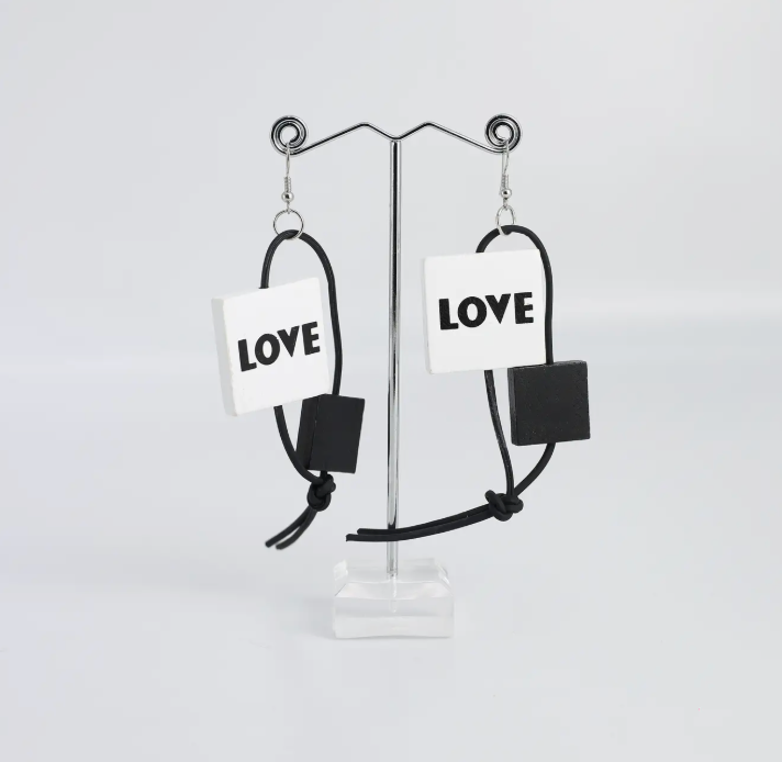 JIANHUI LONDON Black & White Leatherette Love & Love Earrings