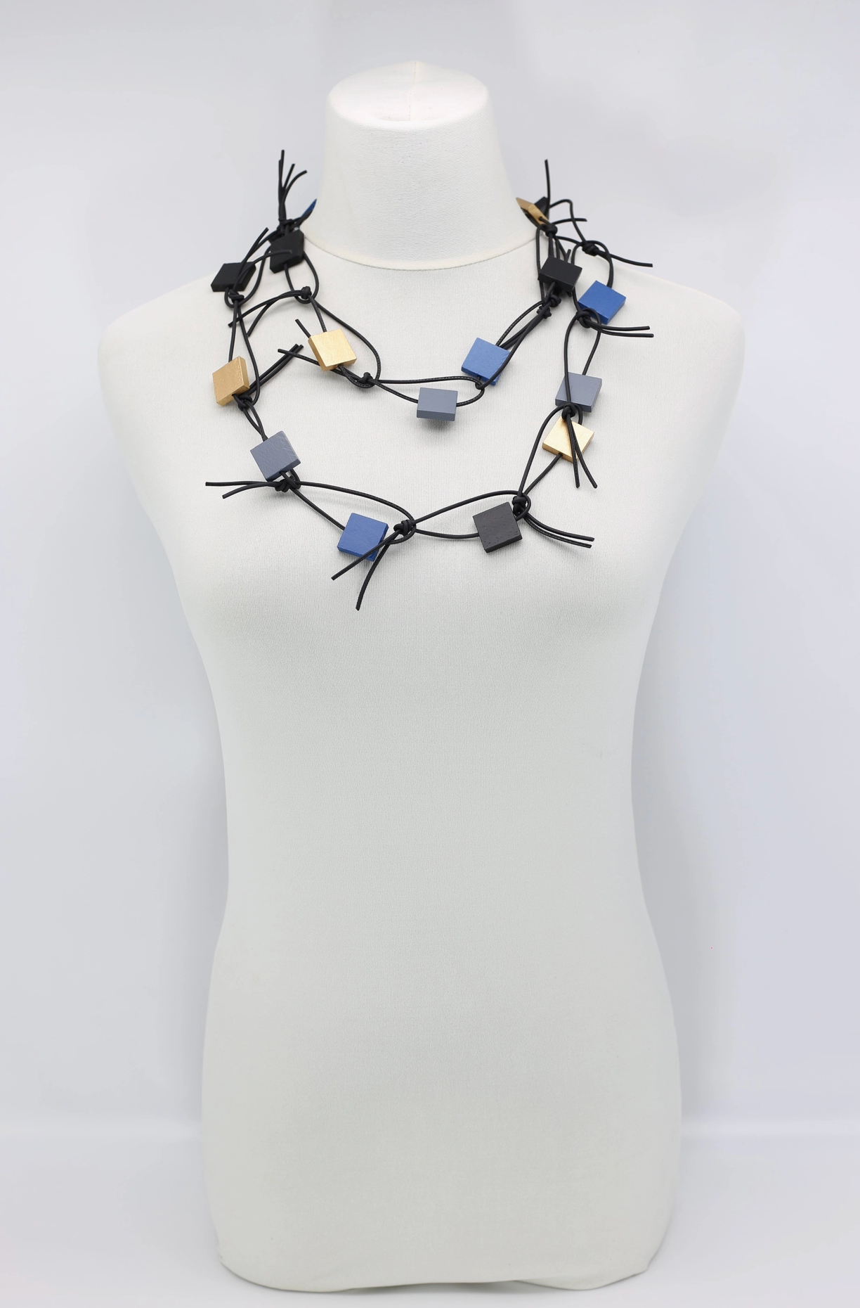 JIANHUI LONDON Gold/Grey/Black/Pantone Classic Blue Wooden Squares On Leatherette Chain Duo Necklace