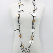 JIANHUI LONDON Silver/Gold Wooden Squares On Leatherette Chain Duo Necklace