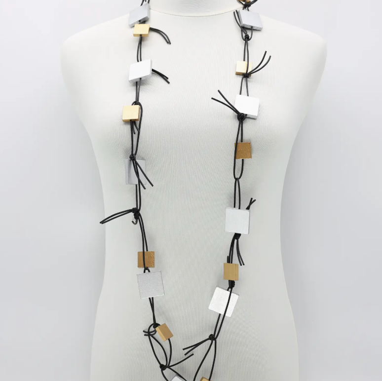 JIANHUI LONDON Silver/Gold Wooden Squares On Leatherette Chain Duo Necklace
