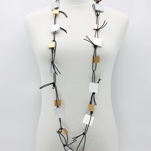 JIANHUI LONDON Silver/Gold Wooden Squares On Leatherette Chain Duo Necklace