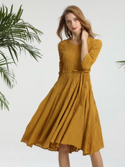 Vanite Couture Textured Waist Tie Flowy Dress - 91396 - MUSTARD