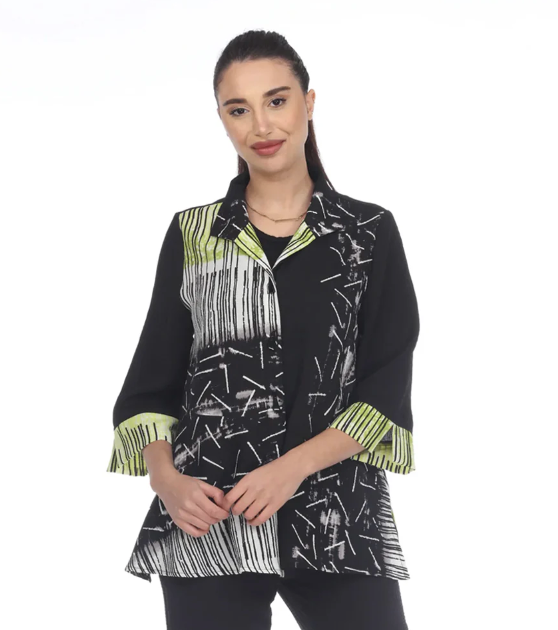 MOONLIGHT Black & Green Mixed Media Button Down Top - 3451
