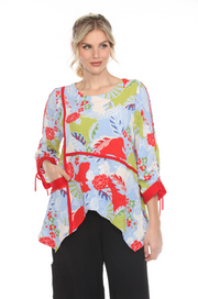 MOONLIGHT Asymmetric Textured Floral Pattern Red Piping Top - 4024