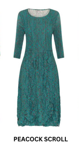 Alquema 3/4 Sleeve Smash Pocket  Dress - PEACOCK SCROLL