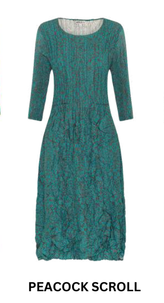 Alquema 3/4 Sleeve Smash Pocket  Dress - PEACOCK SCROLL