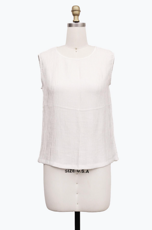 DAMEE CRINKLED SLEEVELESS JEWEL NECK TOP - 901T - WHT