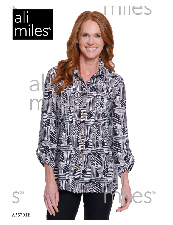 Ali Miles Woven Button Front Tunic - A35701BM - 003-BLKWHT