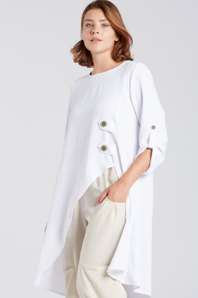Sydney Project Alissa 1/2 Sleeve Asymmetric Two Button Round Neck Top - AFT1141 - WHITE