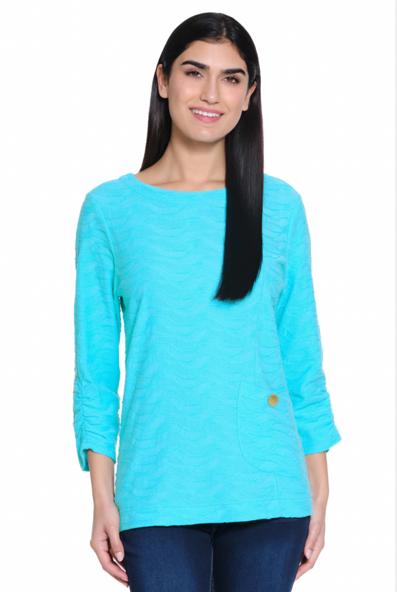 Ali Miles Knit Textured Pop-Over BLOUSE - A55116TM - AQUA