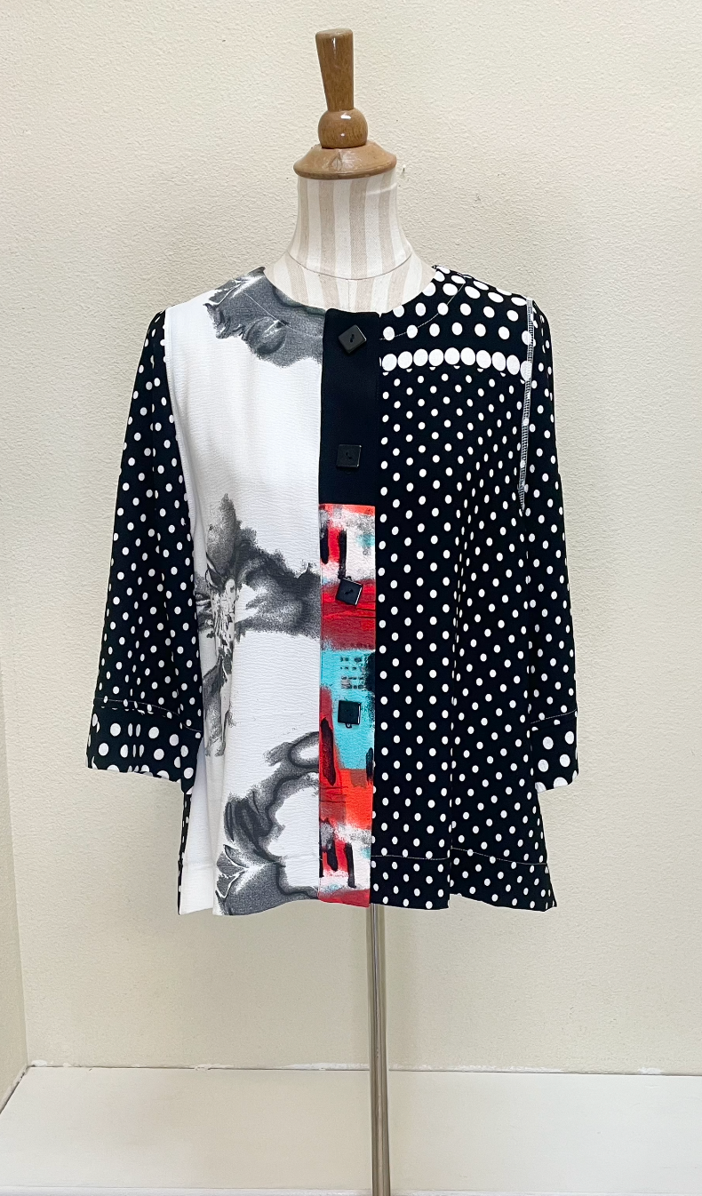MOONLIGHT Button Down Marble & Black & White Mixed Pattern Dot Top - 3657