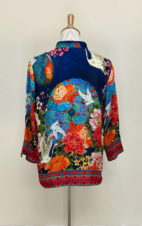 Citron "Crane Paradise Fans Blue" Silk Blouse - 1213CPFB