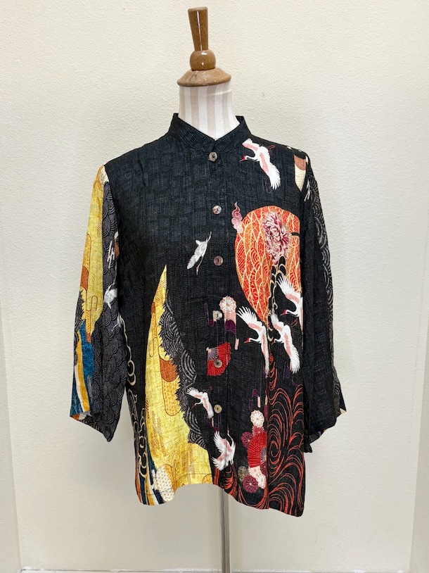 Citron "Chrysanthemum Crane" Silk Blouse - 1213CC