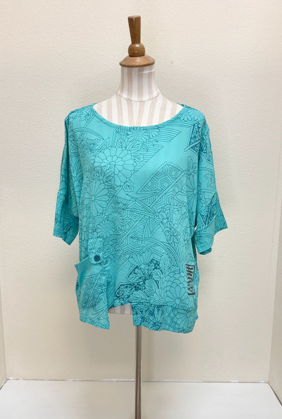 Yasuko Tab Pocket Blouse - Japanese Kimono - AQUA BLUE
