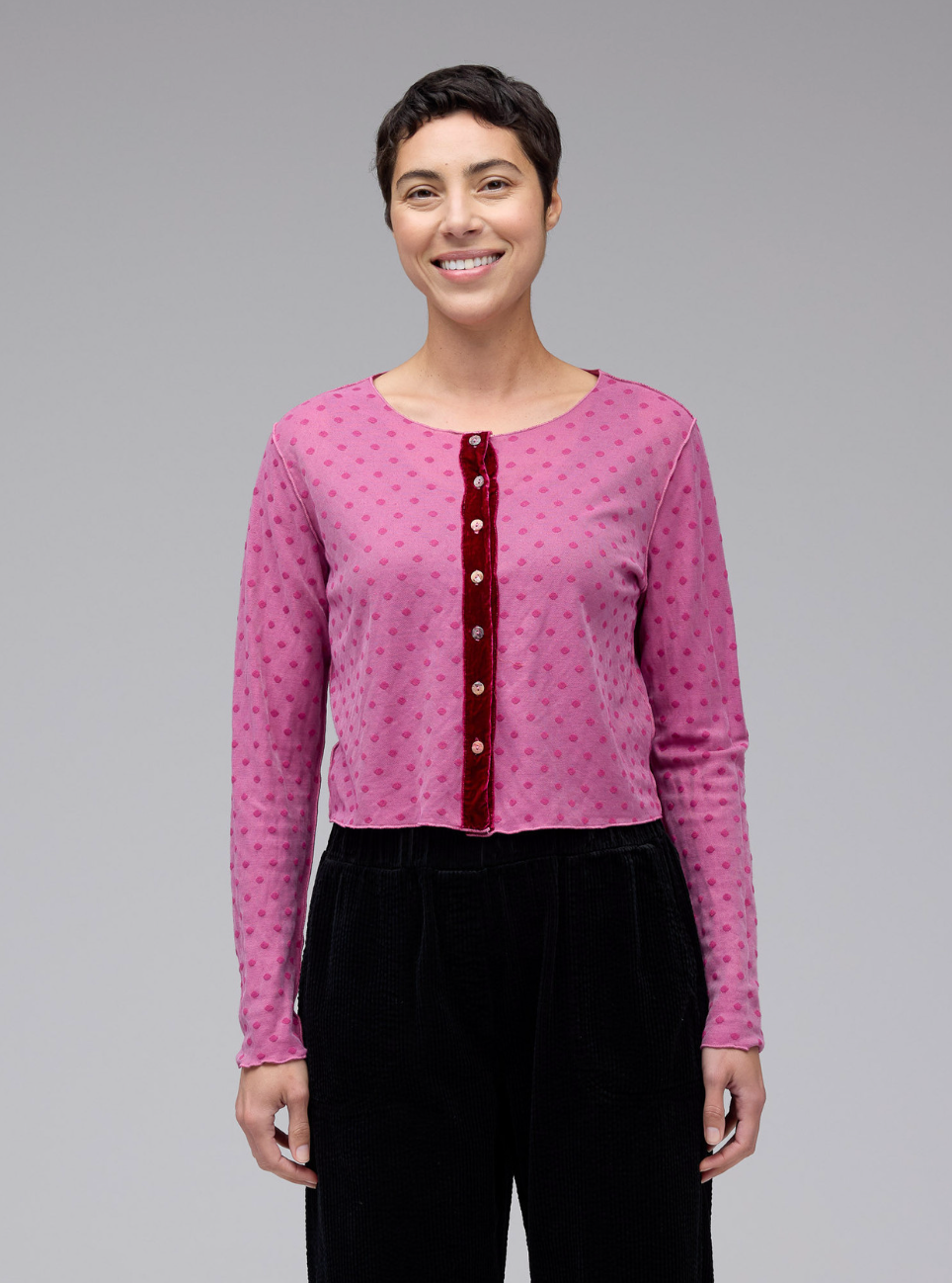 CUT LOOSE Mesh Dot Velvet Trim Cardigan - 6588165