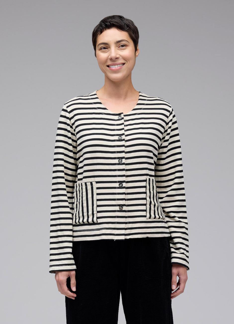 CUT LOOSE Black Stripe Fleece Long Sleeve Cropped Jacket - 7248186