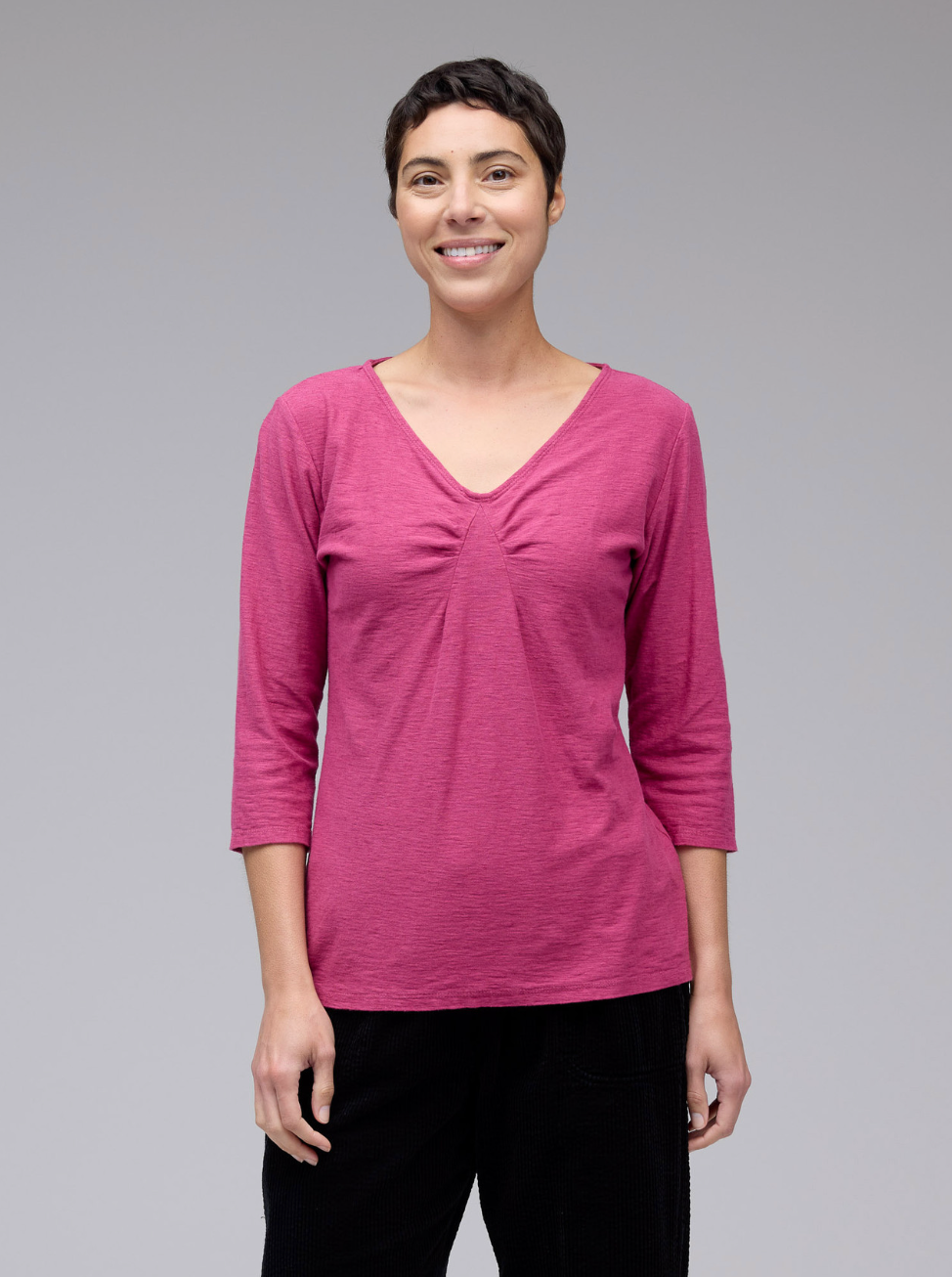 CUT LOOSE Linen Cotton Jersey 3/4 Sleeve Tuck Front Tee - 5017075