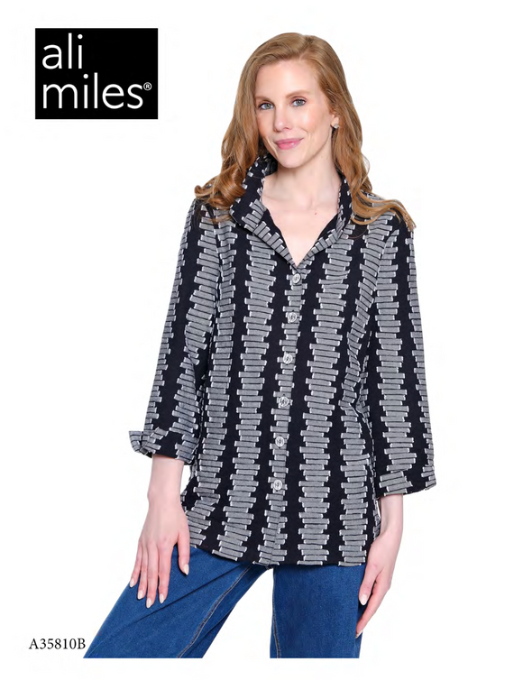Ali Miles Woven Jacquard Button Front Tunic - A35810BM - 003-BLKWHT