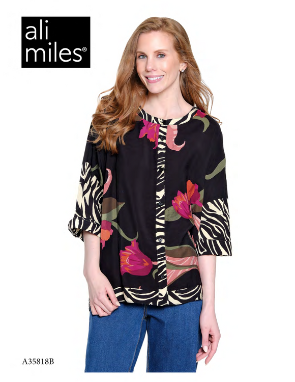Ali Miles Woven Button Front Tunic - A35818BM - 952-FLRMLT